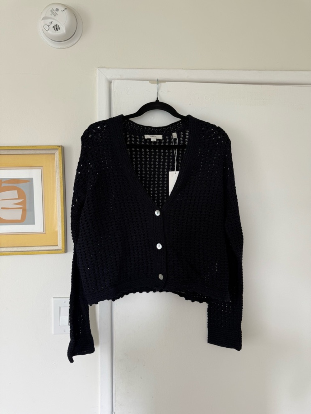Vince Navy Open-Knit Cropped Button Cardigan